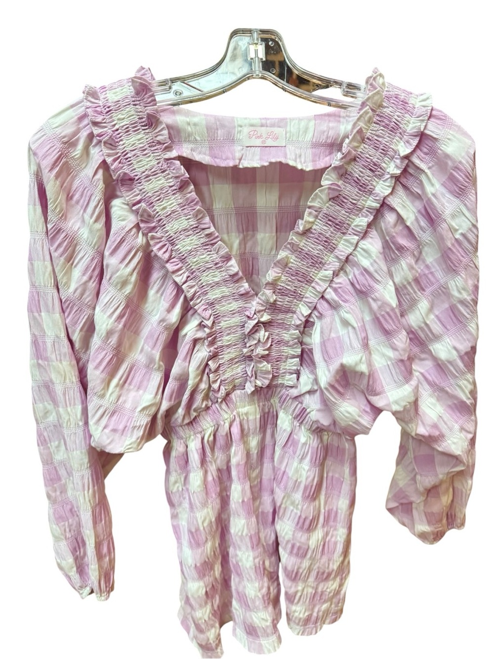 Pink Lily Purple Lavender Gingham Ruffle-Trim Shorts Romper XS